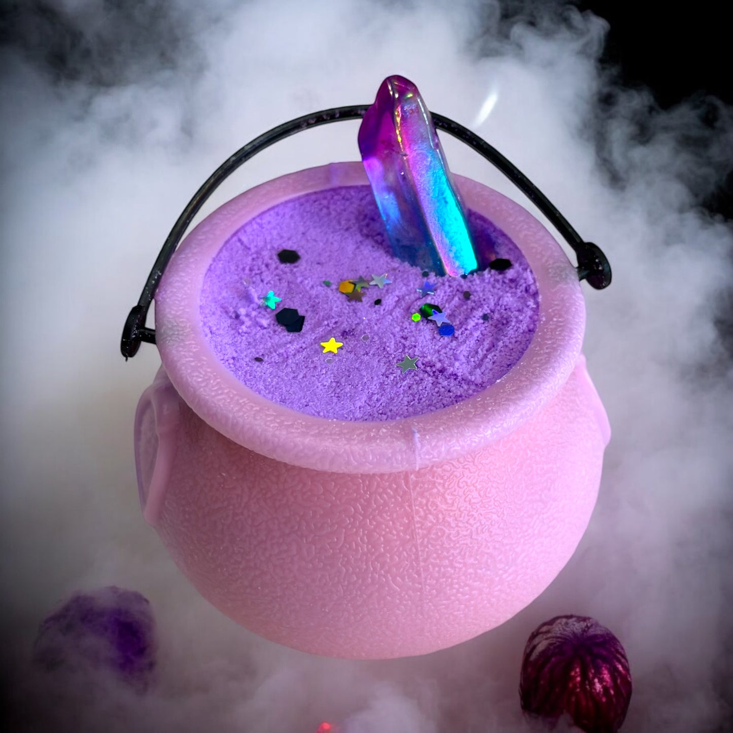 Pink Cauldron With  Rainbow Aura quartz crystal